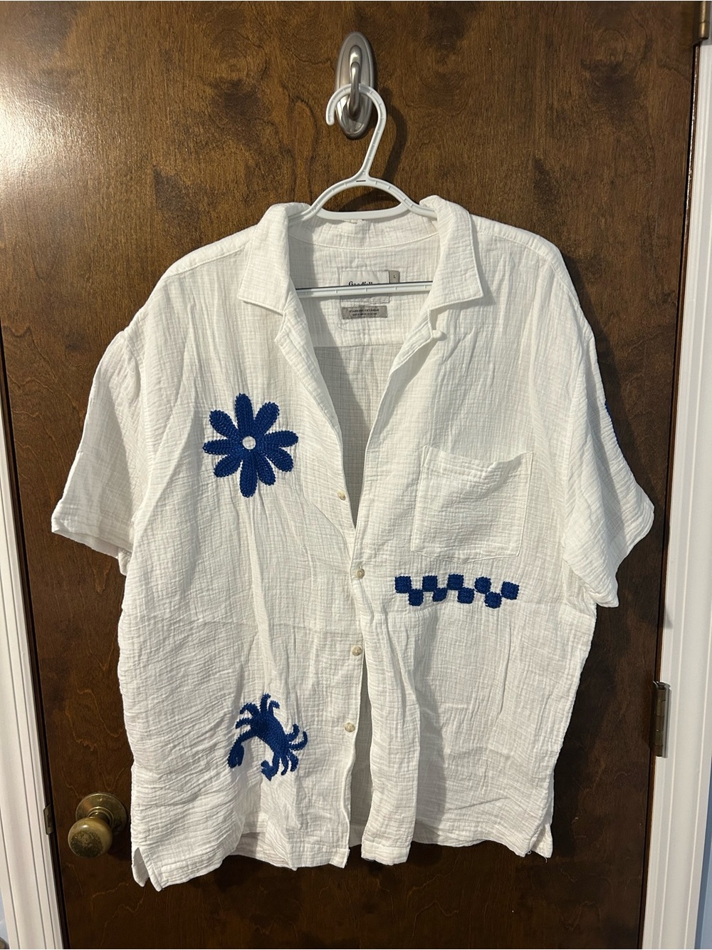 Goodfellow Casual Linen Embroidered Short-Sleeve Shirt - White with Blue Accents